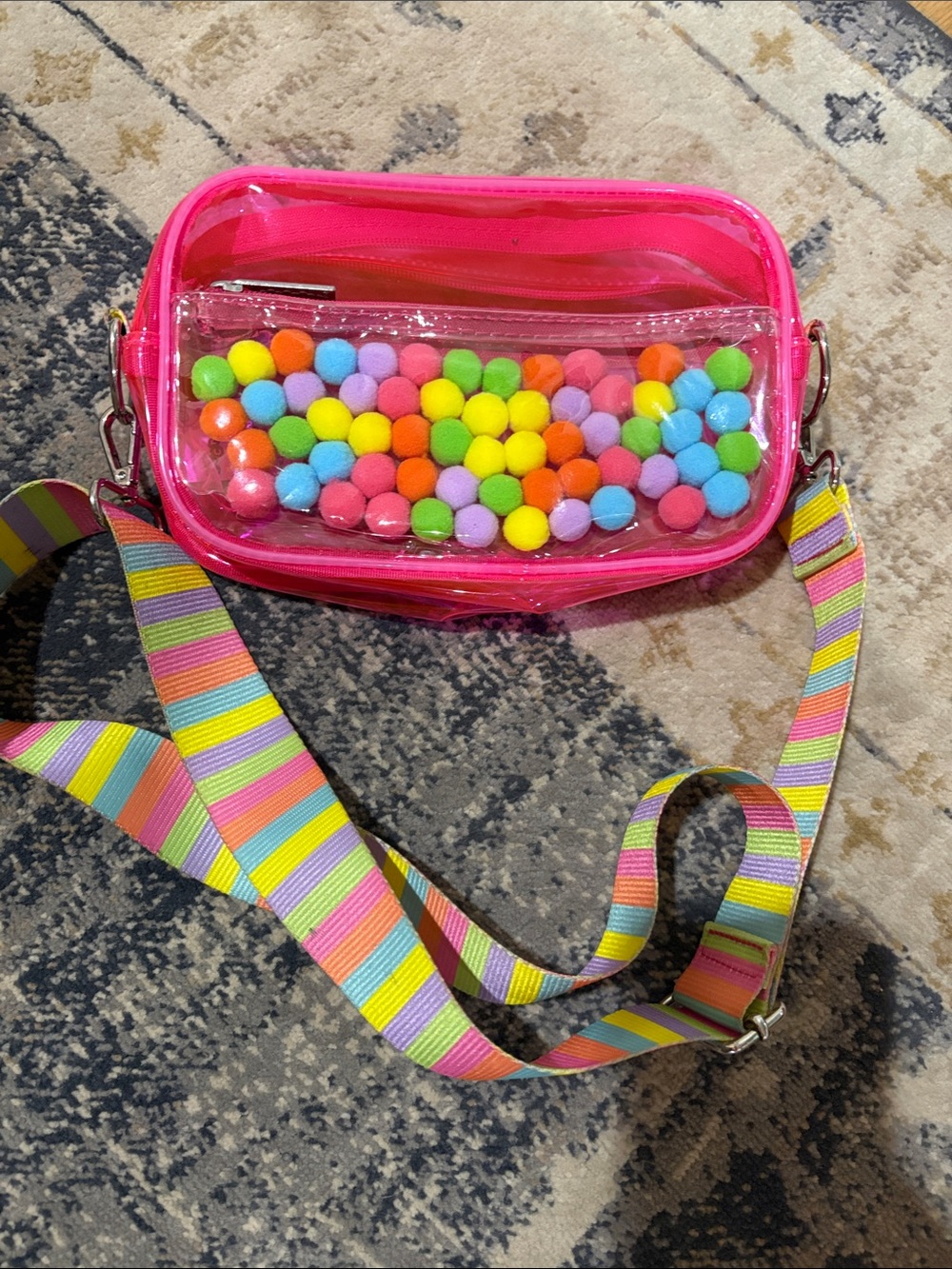 Kids Hot Pink Clear Crossbody Bag with Rainbow Pom Accents